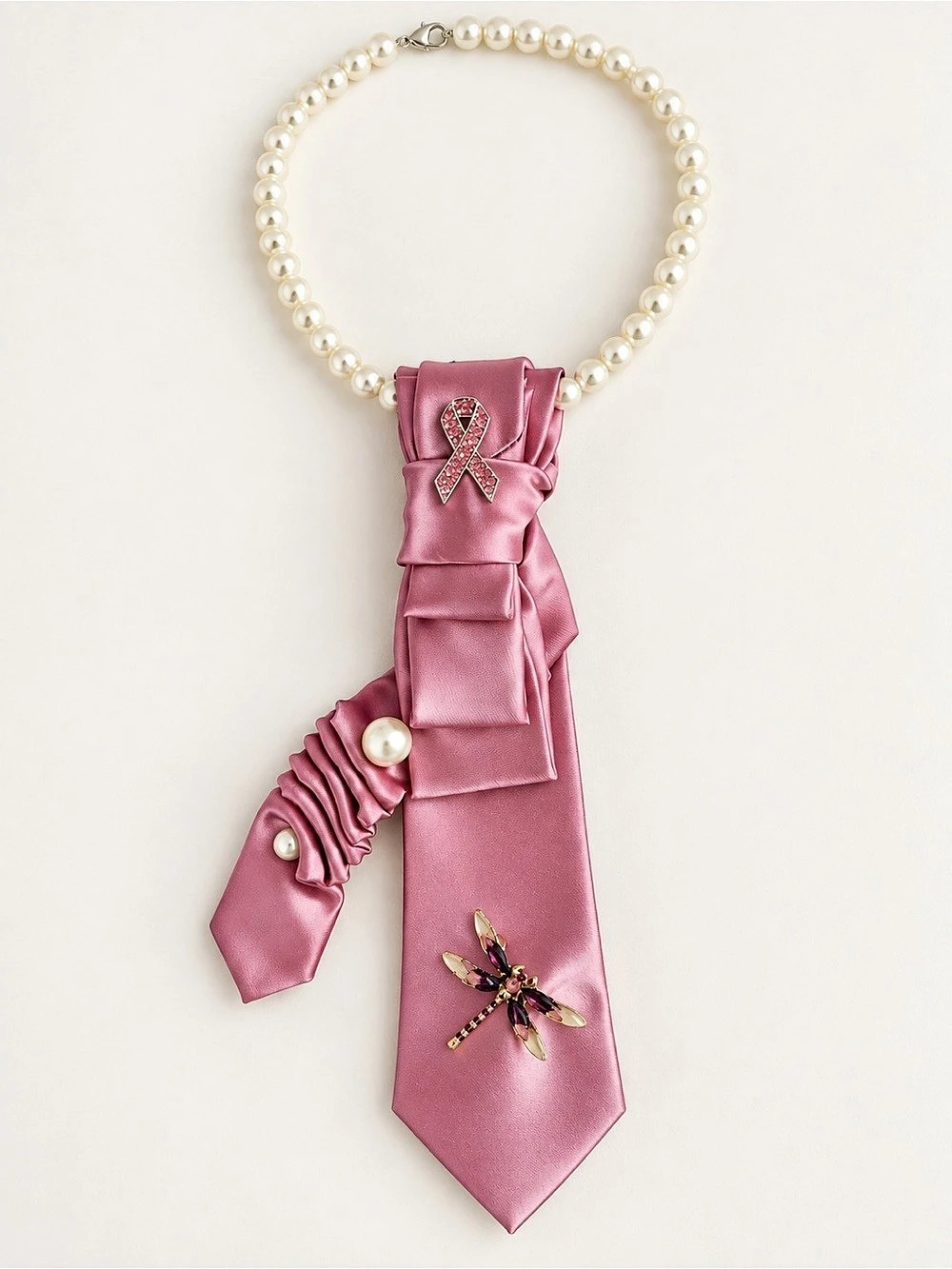 Handmade Pink Satin Tie Necklace with Pearl Accents & Cancer Awareness Ribbon